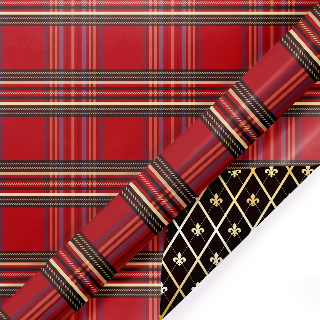 30" x 10' Reversible Holiday Wrapping Paper | Windowpane Plaid/Harlequin Fleur-de-lis LaRibbons Wholesale