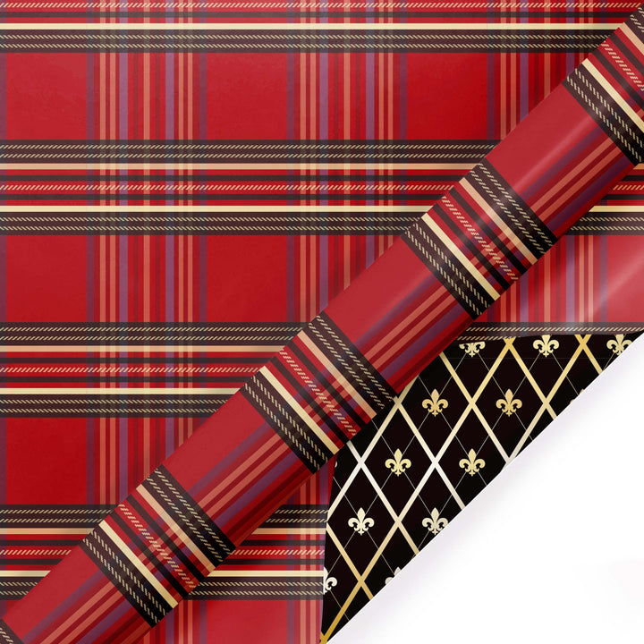 30" x 10' Reversible Holiday Wrapping Paper | Windowpane Plaid/Harlequin Fleur-de-lis LaRibbons Wholesale