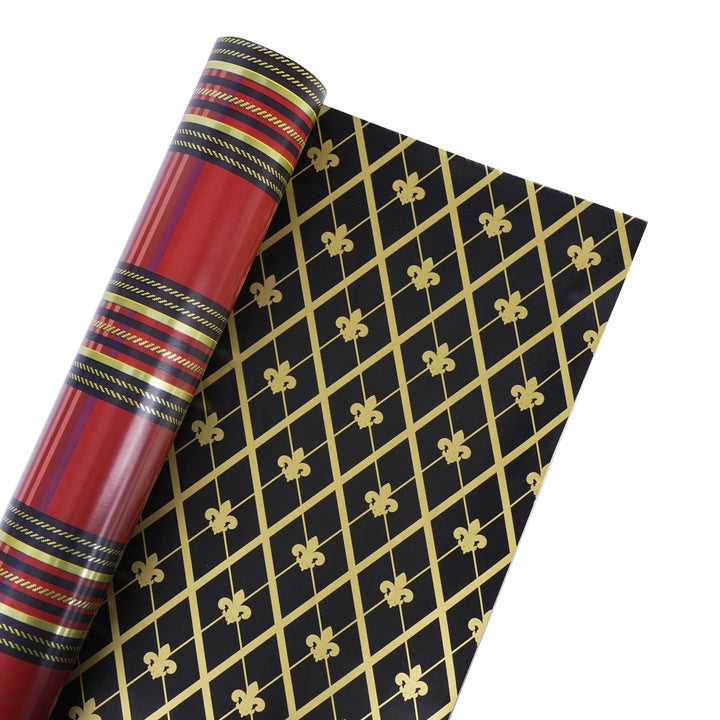 30" x 10' Reversible Holiday Wrapping Paper | Windowpane Plaid/Harlequin Fleur-de-lis LaRibbons Wholesale