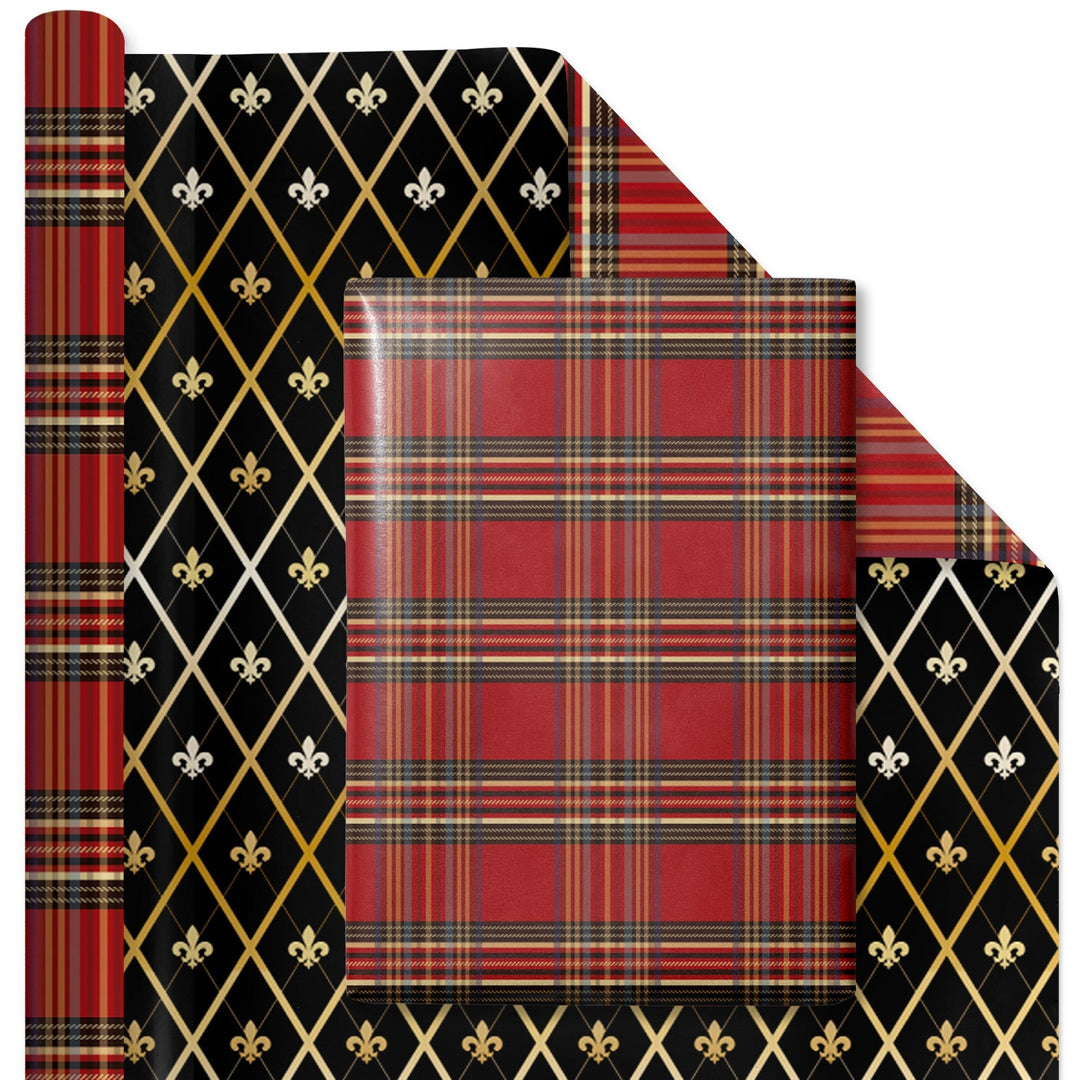 30" x 10' Reversible Holiday Wrapping Paper | Windowpane Plaid/Harlequin Fleur-de-lis LaRibbons Wholesale