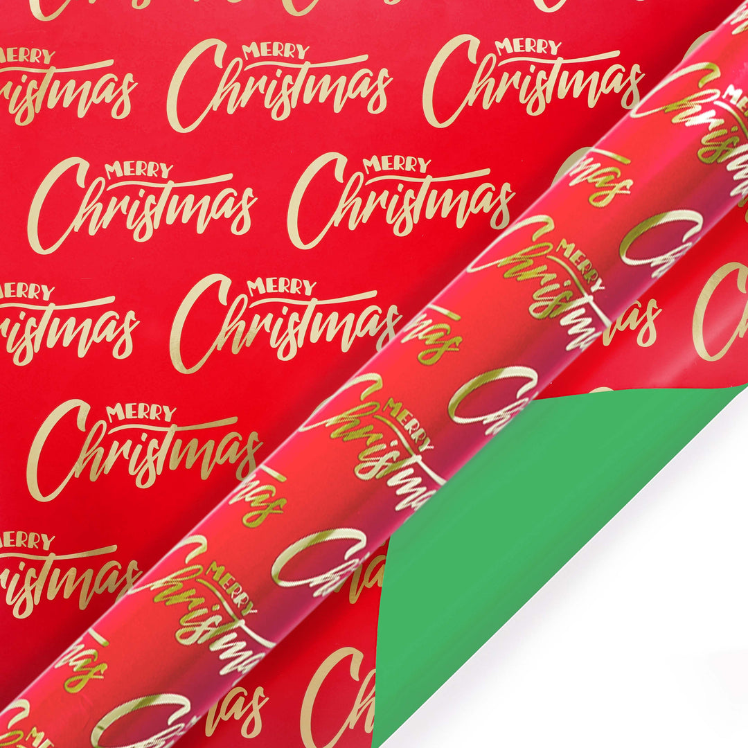 30" x 10' Reversible Holiday Wrapping Paper | Merry Christmas Red and Gold/ Green Solid LaRibbons Wholesale