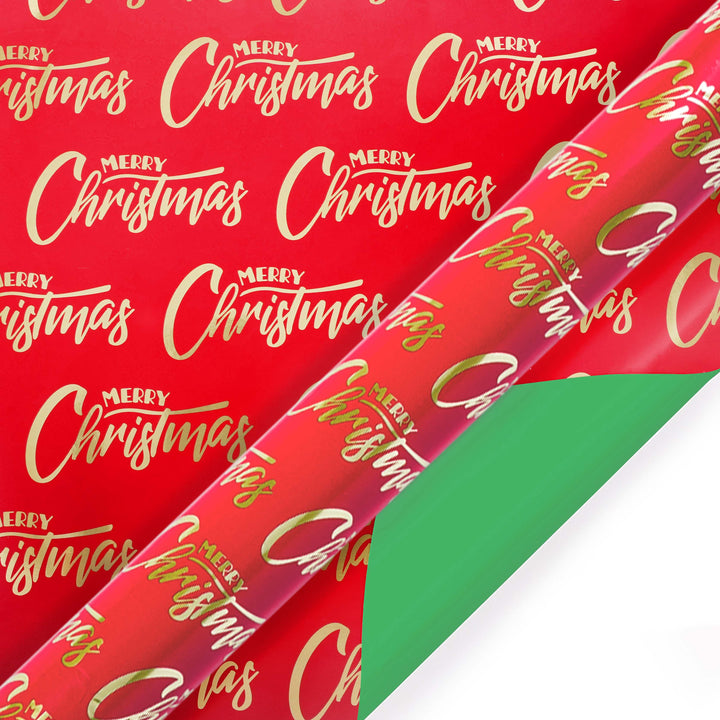 30" x 10' Reversible Holiday Wrapping Paper | Merry Christmas Red and Gold/ Green Solid LaRibbons Wholesale