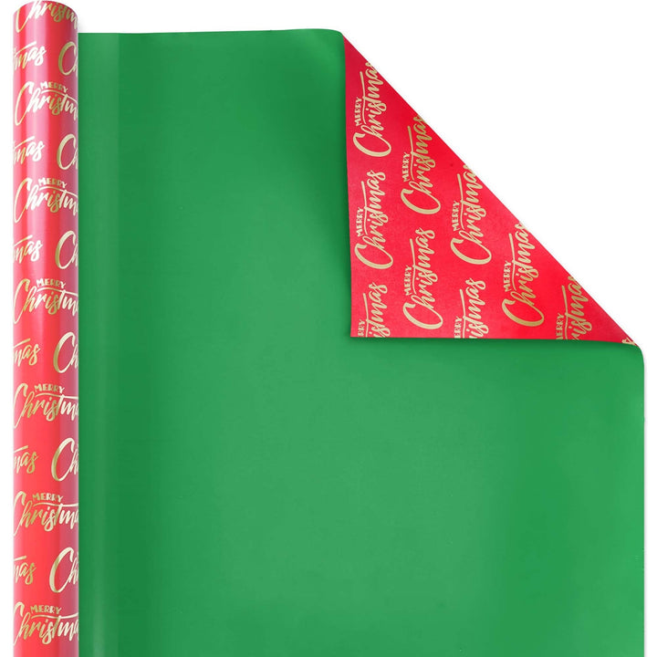 30" x 10' Reversible Holiday Wrapping Paper | Merry Christmas Red and Gold/ Green Solid LaRibbons Wholesale