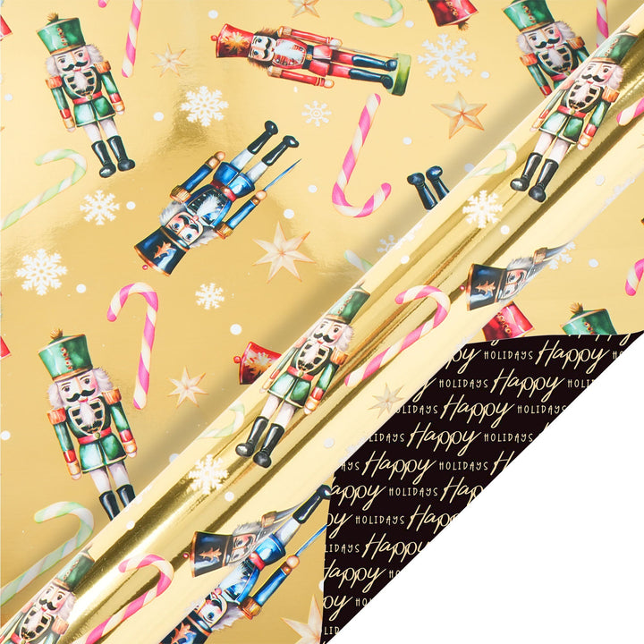 30" x 10' Reversible Holiday Wrapping Paper | All Over Nutcracker on Gold/ Black and Gold Happy Holidays LaRibbons Wholesale