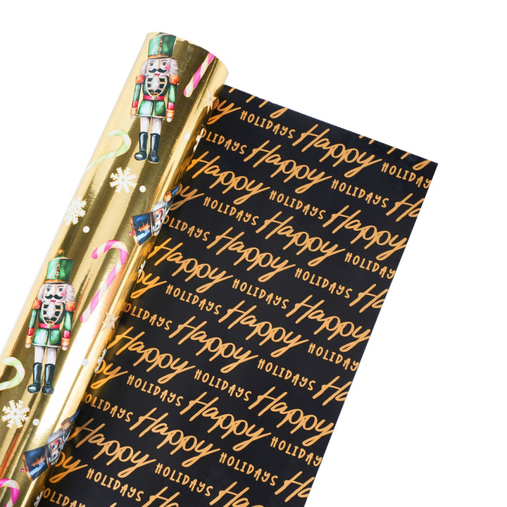30" x 10' Reversible Holiday Wrapping Paper | All Over Nutcracker on Gold/ Black and Gold Happy Holidays LaRibbons Wholesale