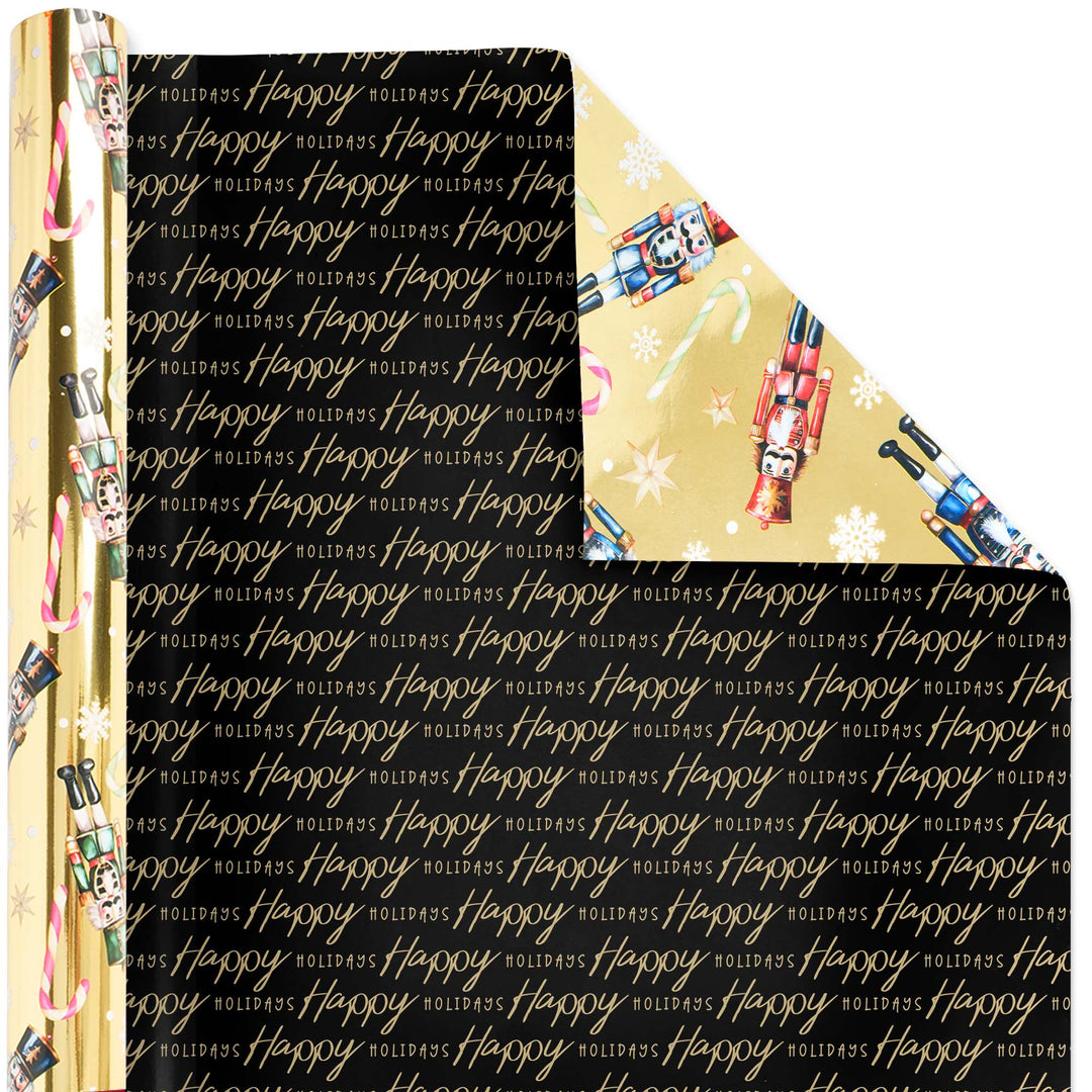 30" x 10' Reversible Holiday Wrapping Paper | All Over Nutcracker on Gold/ Black and Gold Happy Holidays LaRibbons Wholesale