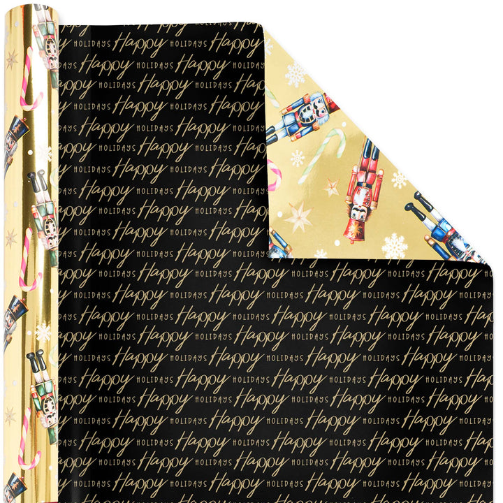 30" x 10' Reversible Holiday Wrapping Paper | All Over Nutcracker on Gold/ Black and Gold Happy Holidays LaRibbons Wholesale