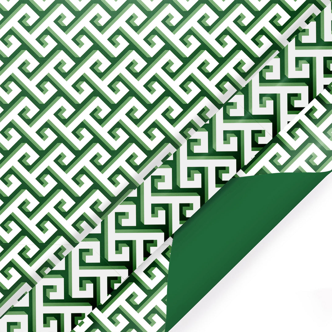 30" x 10' Reversible Holiday Wrapping Paper | Green and White Greek Key/Green Solid - LaRibbons and Crafts