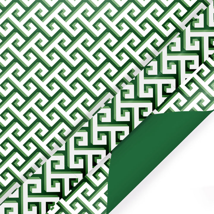 30" x 10' Reversible Holiday Wrapping Paper | Green and White Greek Key/Green Solid - LaRibbons and Crafts
