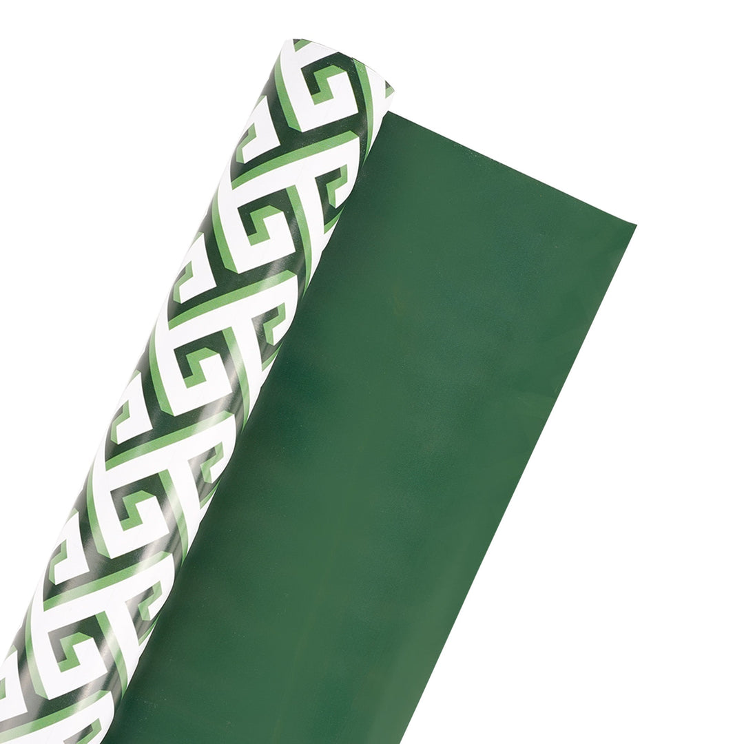 30" x 10' Reversible Holiday Wrapping Paper | Green and White Greek Key/Green Solid - LaRibbons and Crafts