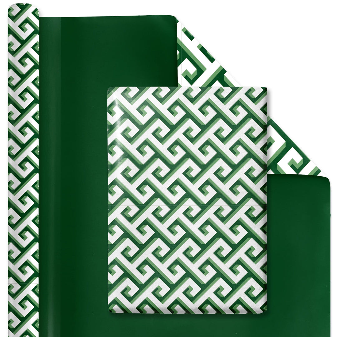30" x 10' Reversible Holiday Wrapping Paper | Green and White Greek Key/Green Solid - LaRibbons and Crafts