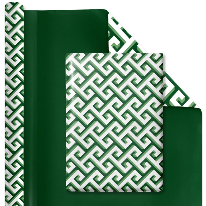 30" x 10' Reversible Holiday Wrapping Paper | Green and White Greek Key/Green Solid - LaRibbons and Crafts