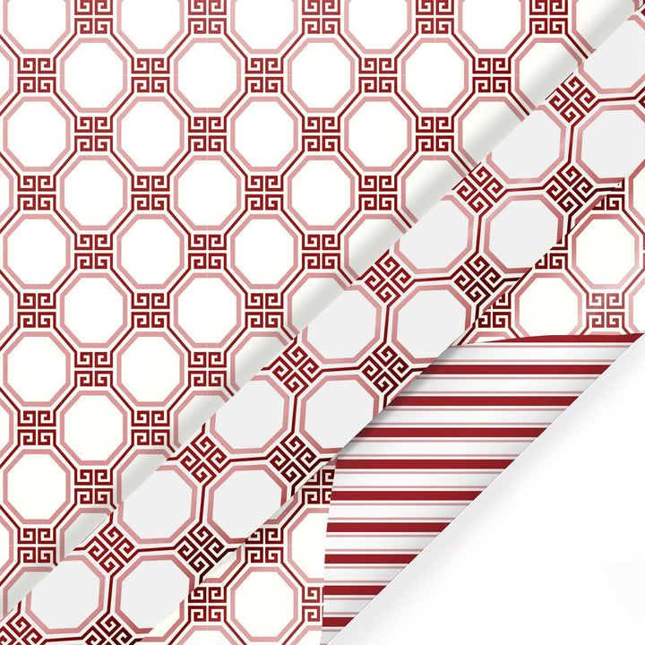 30" x 10' Reversible Holiday Wrapping Paper | Red and White Harlequin Greek Key/Red White Stripe