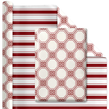 30" x 10' Reversible Holiday Wrapping Paper | Red and White Harlequin Greek Key/Red White Stripe LaRibbons Wholesale
