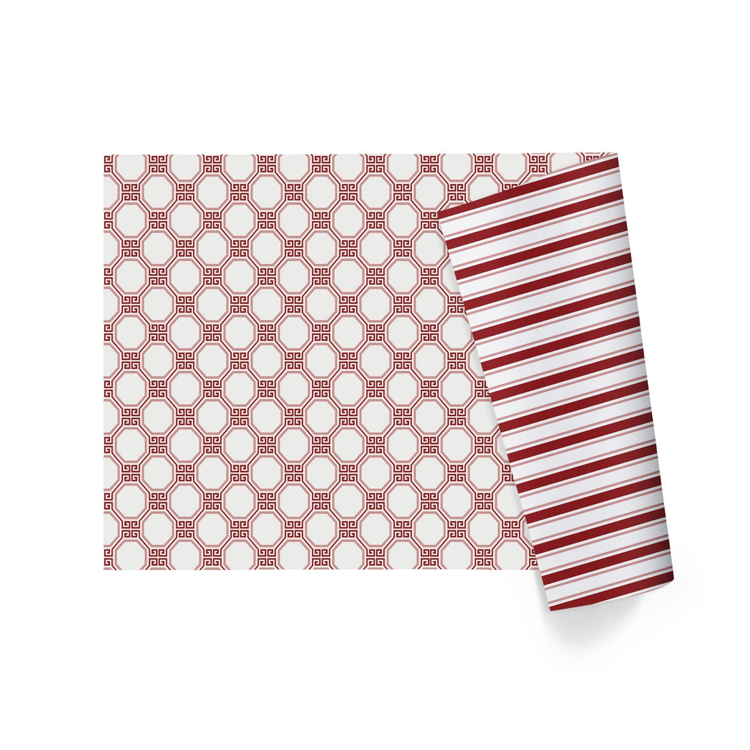 30" x 10' Reversible Holiday Wrapping Paper | Red and White Harlequin Greek Key/Red White Stripe