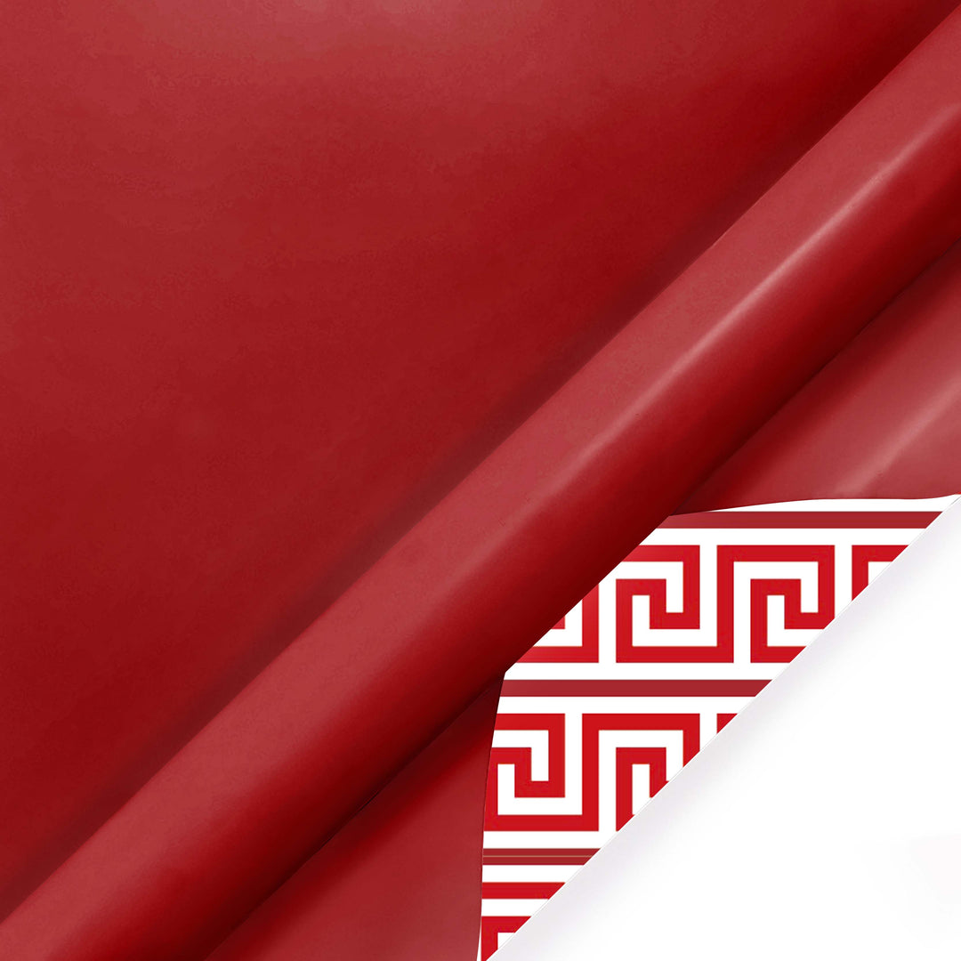 30" x 10' Reversible Holiday Wrapping Paper | Solid Red/Red and White Greek Key - LaRibbons and Crafts