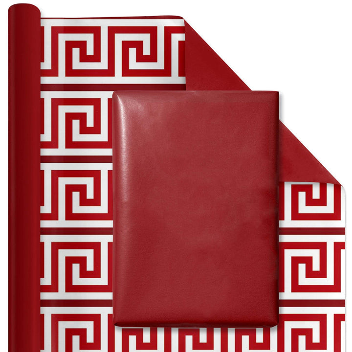 30" x 10' Reversible Holiday Wrapping Paper | Solid Red/Red and White Greek Key - LaRibbons and Crafts