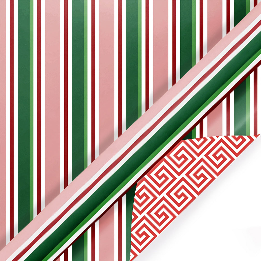 30" x 10' Reversible Holiday Wrapping Paper | Multi-Colored Stripe/Diagonal Greek Key - LaRibbons and Crafts
