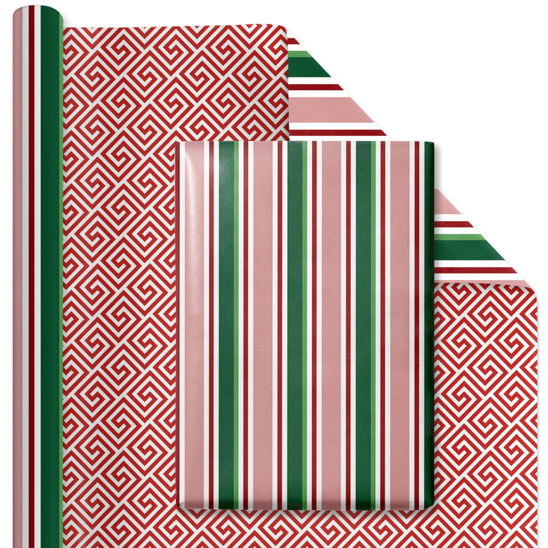 30" x 10' Reversible Holiday Wrapping Paper | Multi-Colored Stripe/Diagonal Greek Key - LaRibbons and Crafts