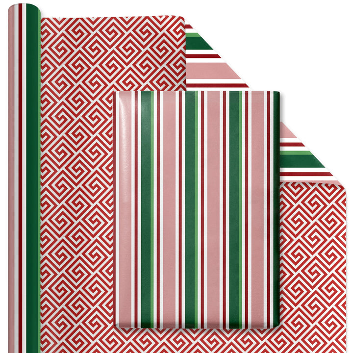 30" x 10' Reversible Holiday Wrapping Paper | Multi-Colored Stripe/Diagonal Greek Key - LaRibbons and Crafts