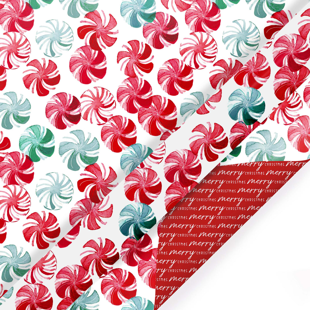 30" x 10' Reversible Holiday Wrapping Paper | Watercolor Peppermints/Merry Christmas on Red LaRibbons Wholesale