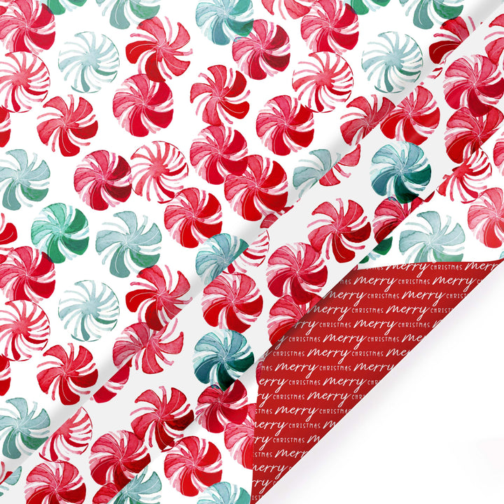30" x 10' Reversible Holiday Wrapping Paper | Watercolor Peppermints/Merry Christmas on Red LaRibbons Wholesale