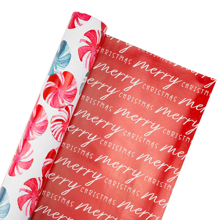 30" x 10' Reversible Holiday Wrapping Paper | Watercolor Peppermints/Merry Christmas on Red LaRibbons Wholesale