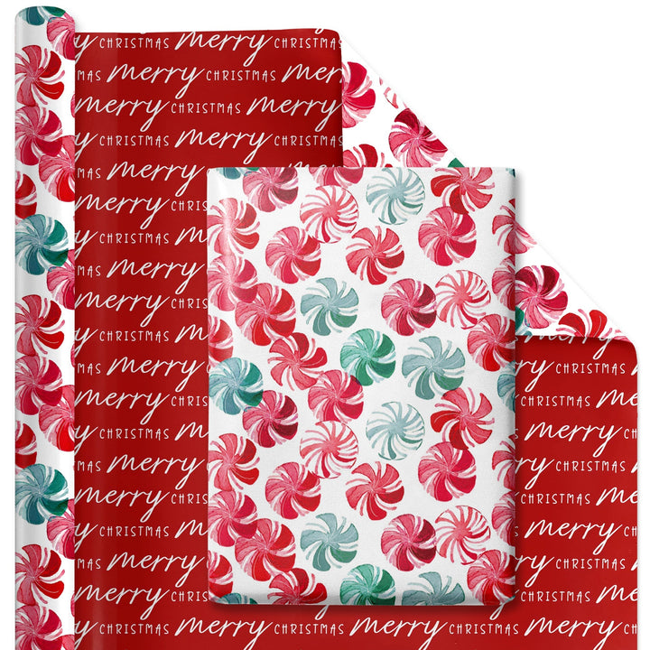 30" x 10' Reversible Holiday Wrapping Paper | Watercolor Peppermints/Merry Christmas on Red LaRibbons Wholesale