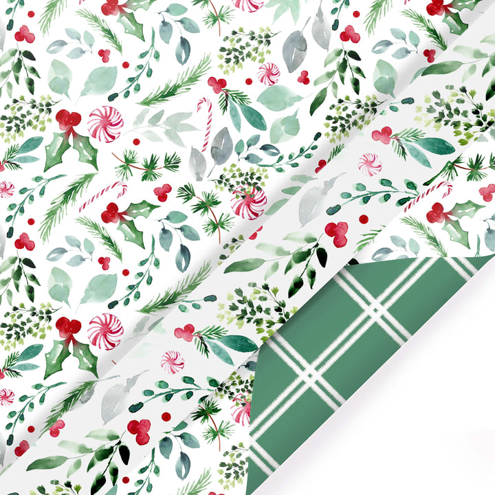 30" x 10' Reversible Holiday Wrapping Paper | Watercolor Holly/Green and White Lattis LaRibbons Wholesale