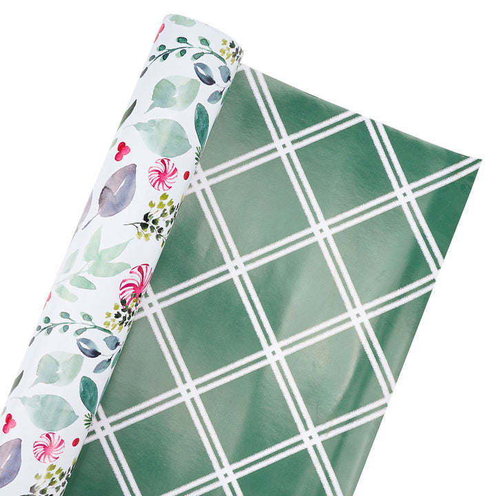 30" x 10' Reversible Holiday Wrapping Paper | Watercolor Holly/Green and White Lattis LaRibbons Wholesale