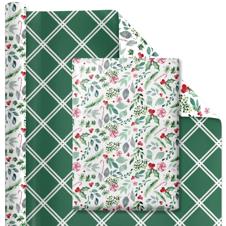 30" x 10' Reversible Holiday Wrapping Paper | Watercolor Holly/Green and White Lattis LaRibbons Wholesale