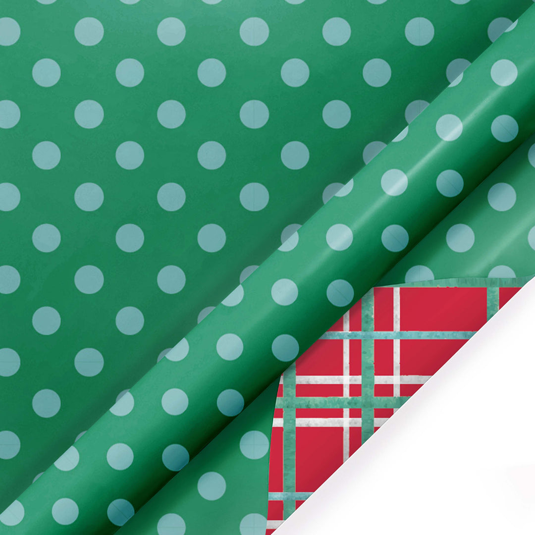 30" x 10' Reversible Holiday Wrapping Paper | White Dot on Green/Watercolor Plaid LaRibbons Wholesale
