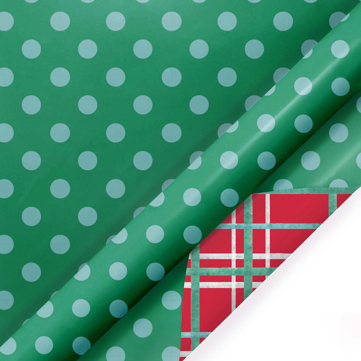 30" x 10' Reversible Holiday Wrapping Paper | White Dot on Green/Watercolor Plaid LaRibbons Wholesale