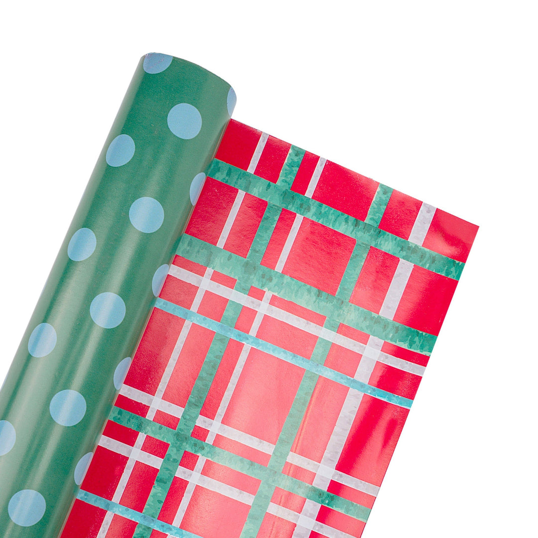 30" x 10' Reversible Holiday Wrapping Paper | White Dot on Green/Watercolor Plaid LaRibbons Wholesale