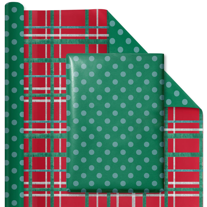 30" x 10' Reversible Holiday Wrapping Paper | White Dot on Green/Watercolor Plaid LaRibbons Wholesale