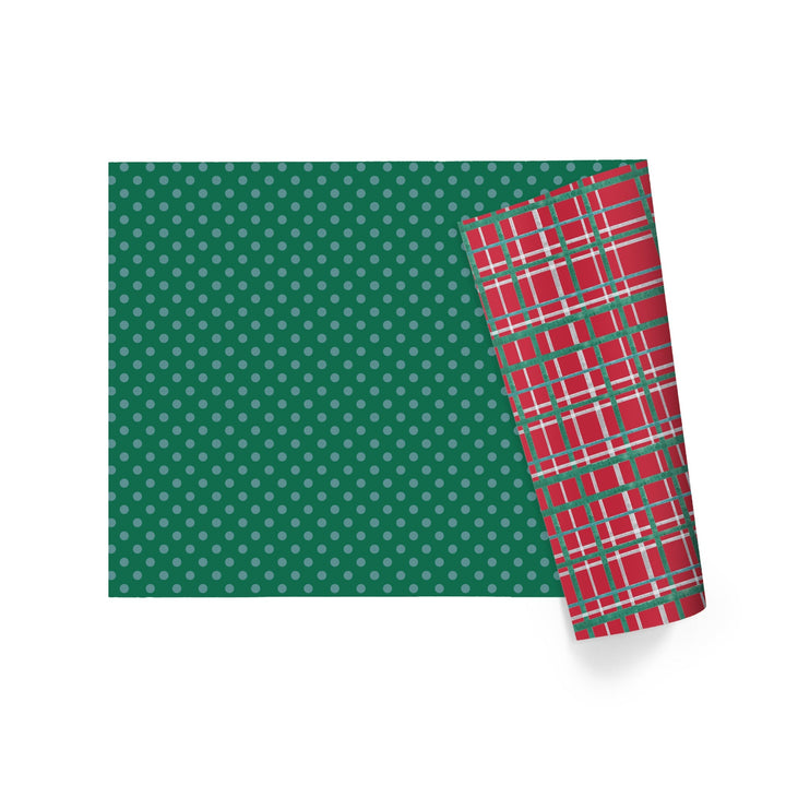 30" x 10' Reversible Holiday Wrapping Paper | White Dot on Green/Watercolor Plaid LaRibbons Wholesale