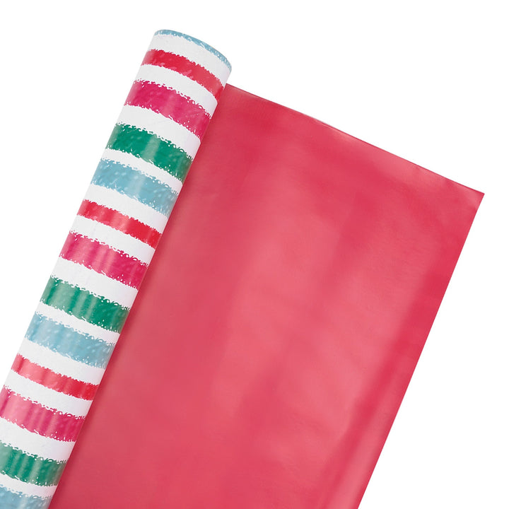 30" x 10' Reversible Holiday Wrapping Paper | Watercolor Stripes/Red Solid LaRibbons Wholesale