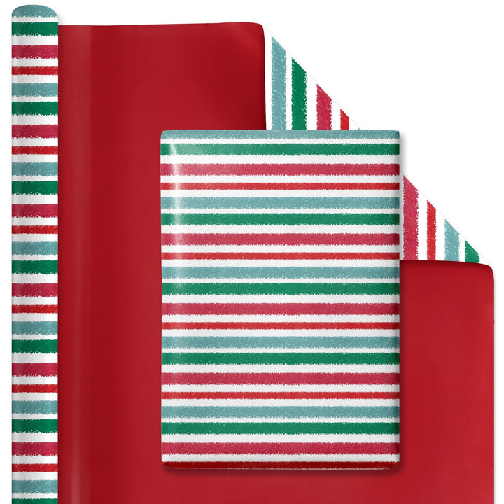 30" x 10' Reversible Holiday Wrapping Paper | Watercolor Stripes/Red Solid LaRibbons Wholesale