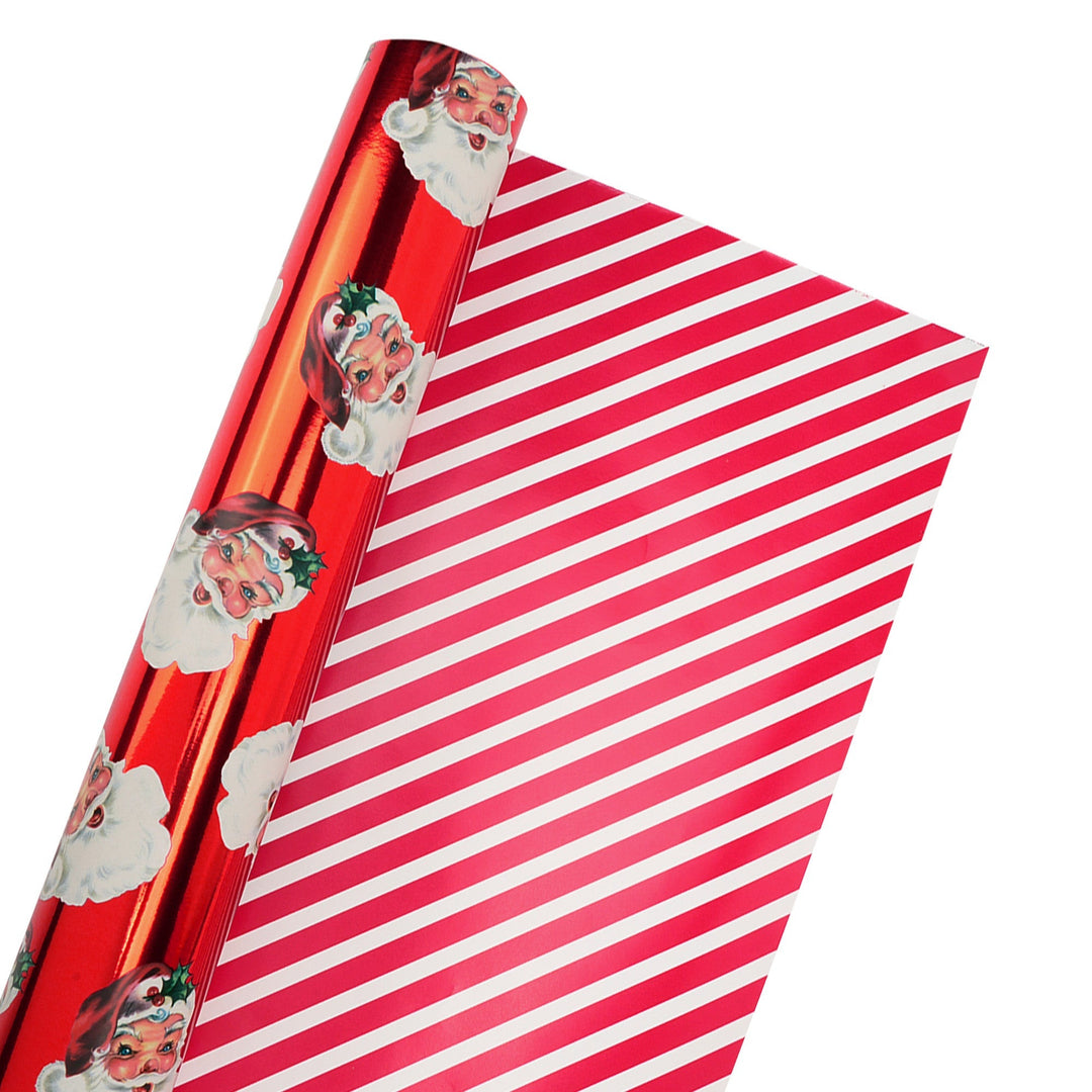 30" x 10' Reversible Metallic Holiday Wrapping Paper | Vintage Santa Faces/Red and White Diagonal Stripe LaRibbons Wholesale