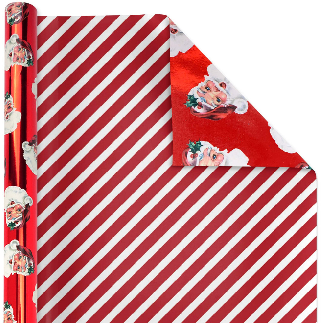 30" x 10' Reversible Metallic Holiday Wrapping Paper | Vintage Santa Faces/Red and White Diagonal Stripe LaRibbons Wholesale