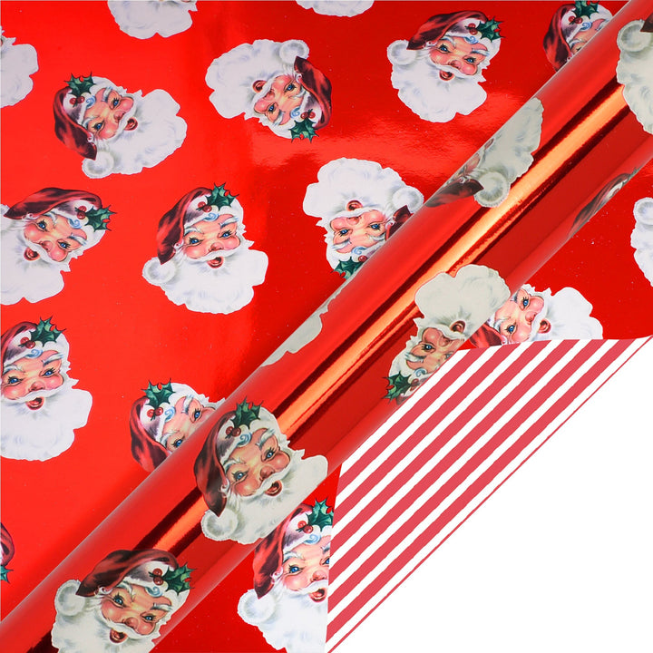 30" x 10' Reversible Metallic Holiday Wrapping Paper | Vintage Santa Faces/Red and White Diagonal Stripe LaRibbons Wholesale