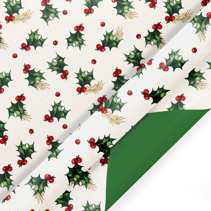 30" x 10' Reversible Holiday Wrapping Paper | Vintage Holly/Green Metallic Solids LaRibbons Wholesale