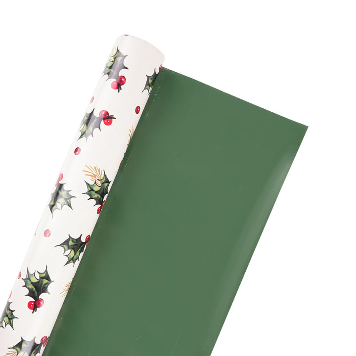 30" x 10' Reversible Holiday Wrapping Paper | Vintage Holly/Green Metallic Solids LaRibbons Wholesale