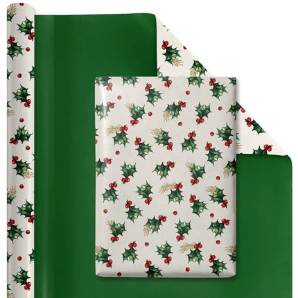 30" x 10' Reversible Holiday Wrapping Paper | Vintage Holly/Green Metallic Solids LaRibbons Wholesale