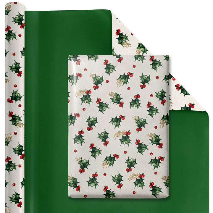 30" x 10' Reversible Holiday Wrapping Paper | Vintage Holly/Green Metallic Solids LaRibbons Wholesale