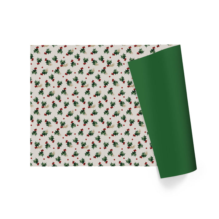 30" x 10' Reversible Holiday Wrapping Paper | Vintage Holly/Green Metallic Solids LaRibbons Wholesale