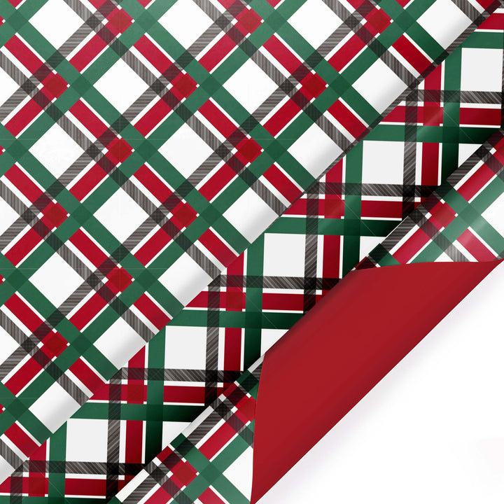 30" x 10' Reversible Holiday Wrapping Paper | Vintage Diagonal Plaid/Red Metallic LaRibbons Wholesale