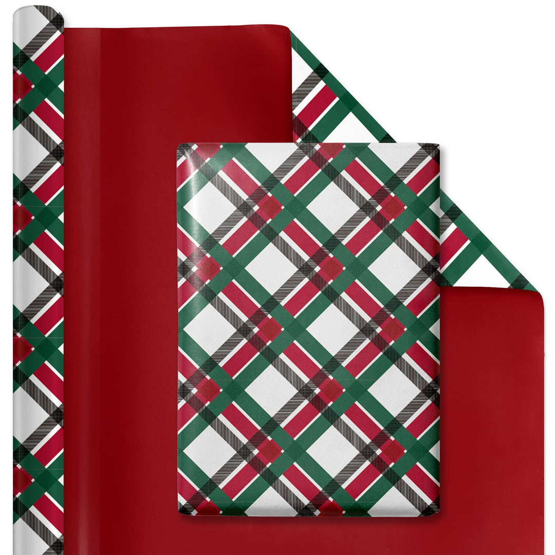 30" x 10' Reversible Holiday Wrapping Paper | Vintage Diagonal Plaid/Red Metallic LaRibbons Wholesale