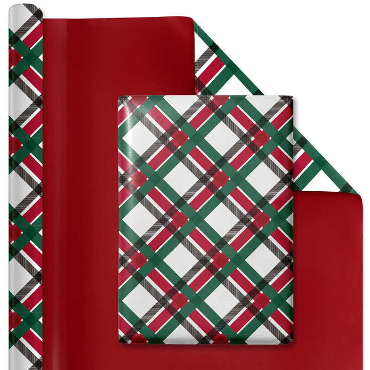 30" x 10' Reversible Holiday Wrapping Paper | Vintage Diagonal Plaid/Red Metallic LaRibbons Wholesale