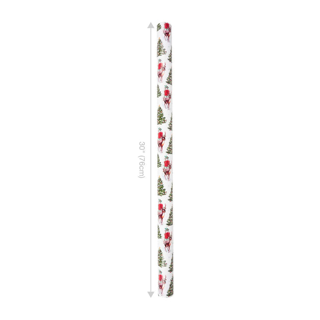 30" x 10' Double-sided Christmas wrap: reindeer tree print / green "Merry Christmas" reverse